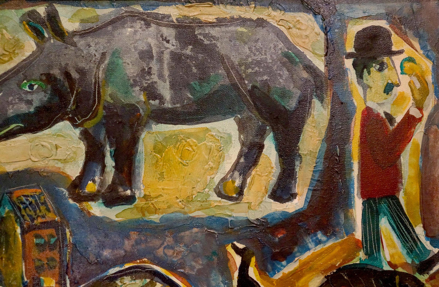 Abstract oil painting Thoughts of people: textured dark gray rhino with green accents