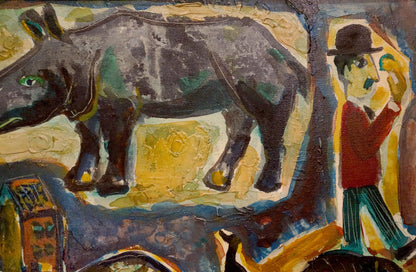 Abstract oil painting Thoughts of people: textured dark gray rhino with green accents