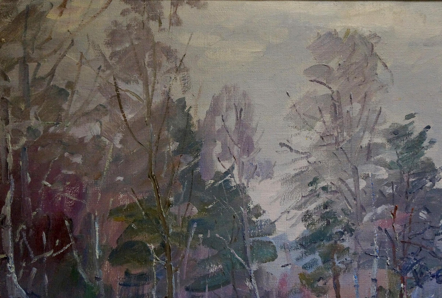 Oil painting Winter landscape V. Kisel with impressionistic trees in muted purples, grays, greens