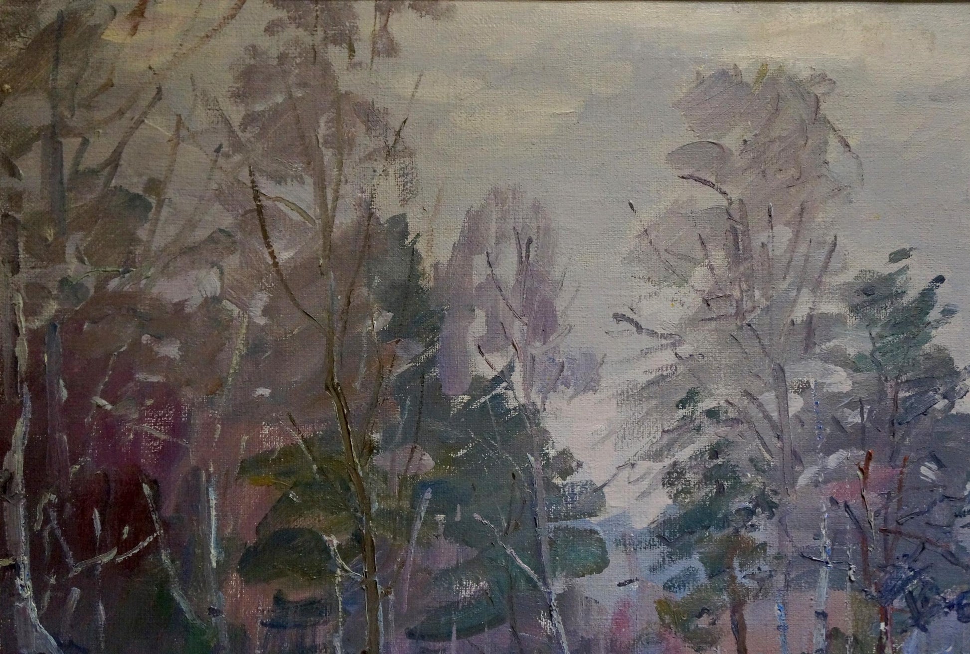 Oil painting Winter landscape V. Kisel with impressionistic trees in muted purples, grays, greens