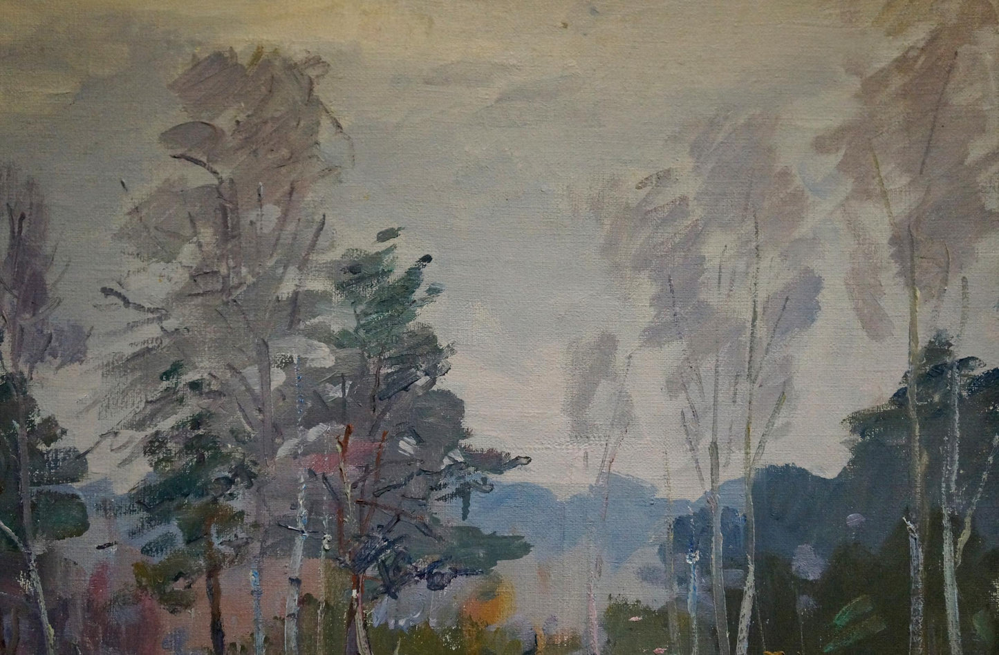 Oil painting Winter landscape V. Kisel with muted green trees and hazy sky