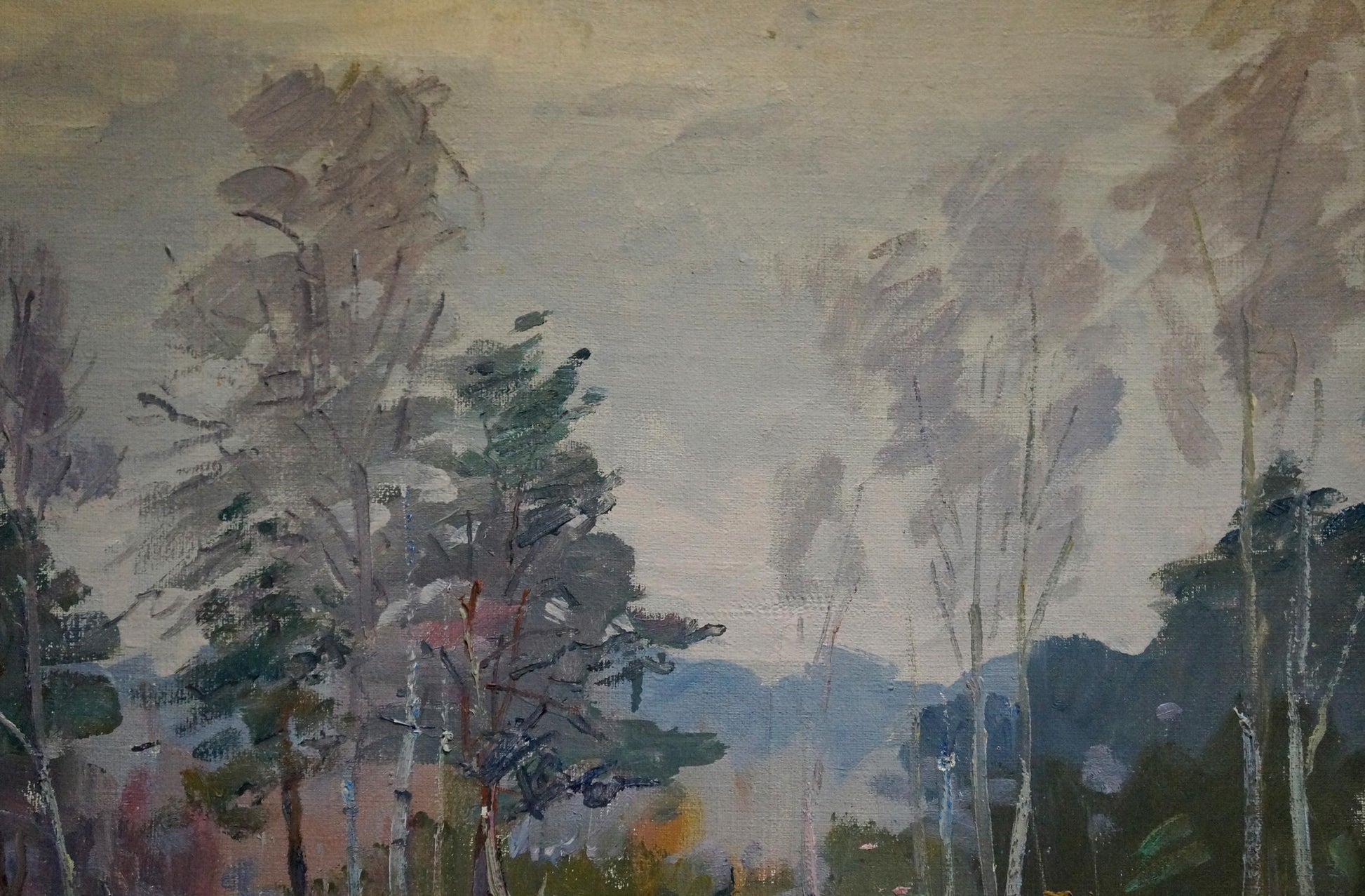 Oil painting Winter landscape V. Kisel with muted green trees and hazy sky