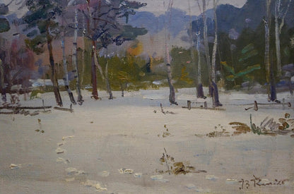 Oil painting Winter landscape V. Kisel: impressionistic snowy birch forest