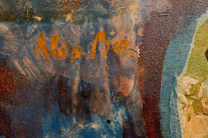 Abstract oil painting Thoughts of people: orange cursive signature on textured canvas with blue, brown, green layers