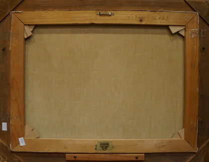Back of Abstract oil painting Thoughts of people in rustic wooden frame
