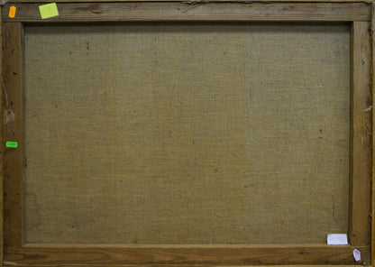 Back of Winter landscape V. Kisel oil painting canvas with beige linen and sticky notes