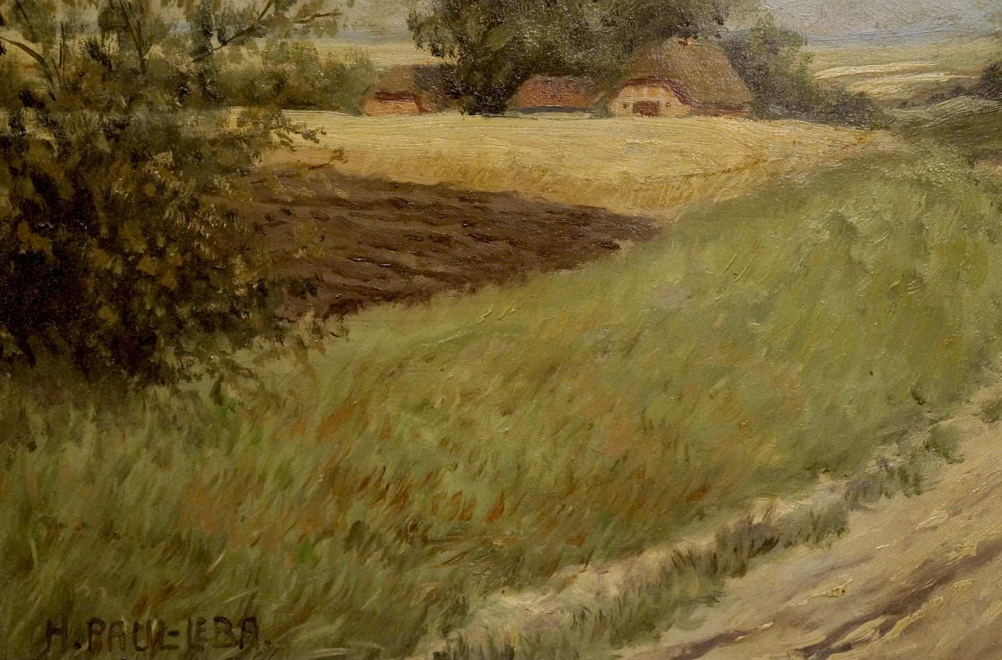 Oil painting of rustic thatched cottage on farm road by H. Paul-Leba