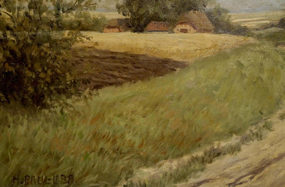 Oil painting of rustic thatched cottage on farm road by H. Paul-Leba