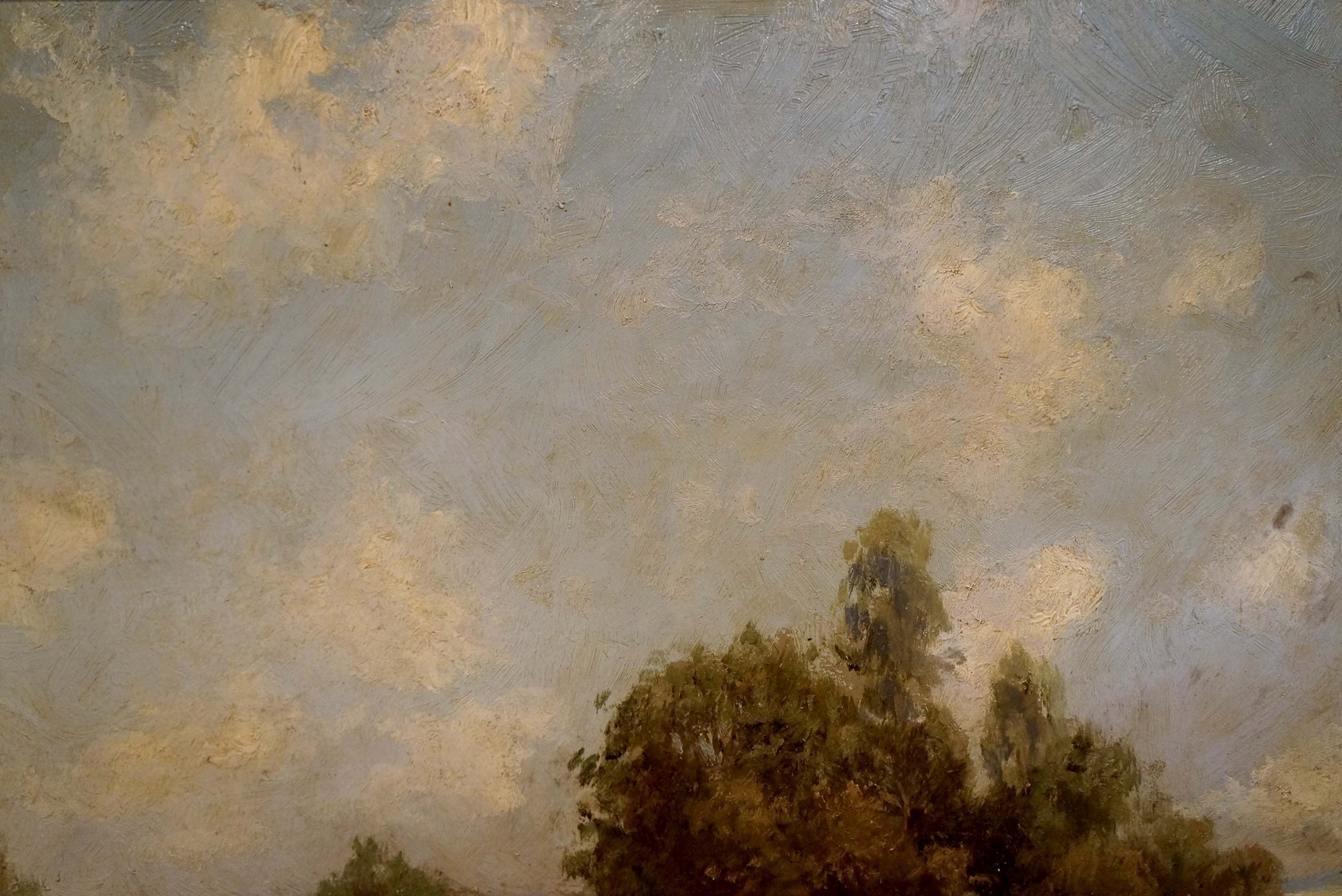 Oil painting Farm road H. Paul-Leba with impressionistic gray-gold sky over dark green trees