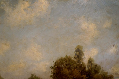 Oil painting Farm road H. Paul-Leba with impressionistic gray-gold sky over dark green trees
