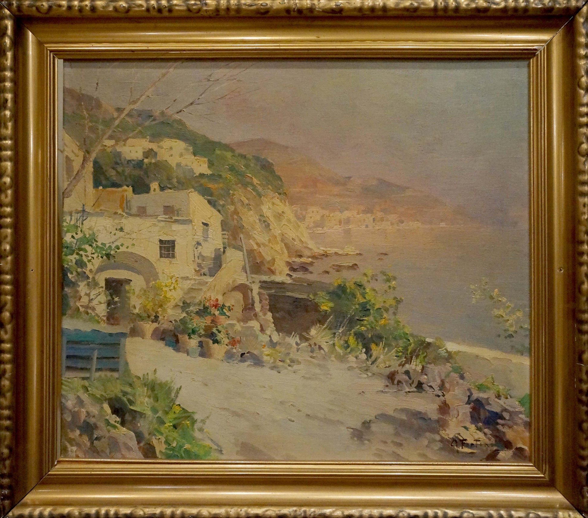 Oil painting Landscape from Greece Fortini A in golden ornate frame