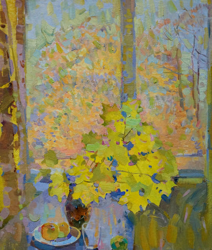 Oil painting of vibrant yellow leafy plant in brown vase by Kolesnik Boris Afanasevich