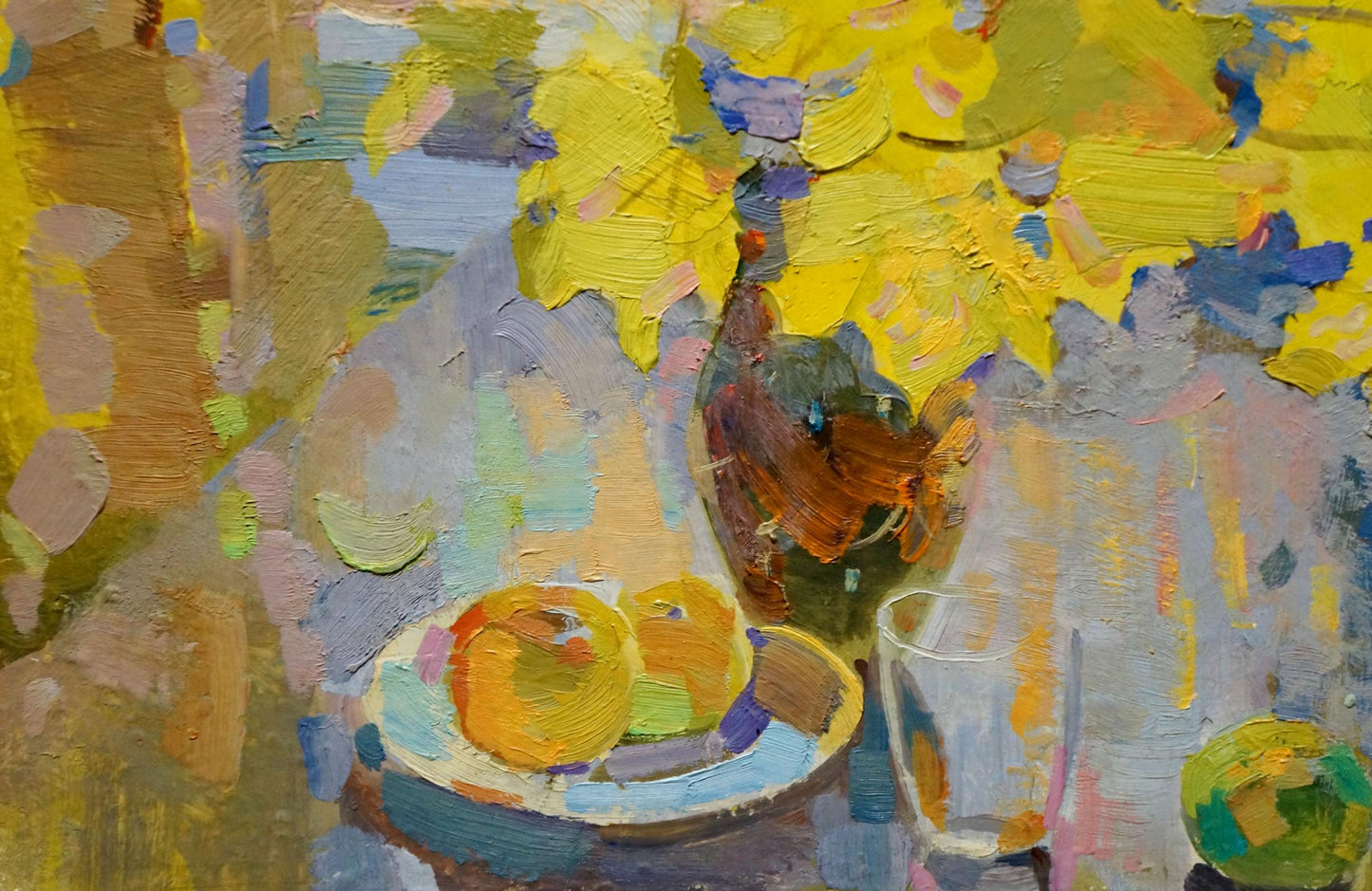 Oil painting of vibrant yellow autumn flowers by Kolesnik Boris Afanasevich in dark green vase
