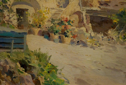 Oil painting of rustic Greek stone archway with plants and blue bench by Fortini A