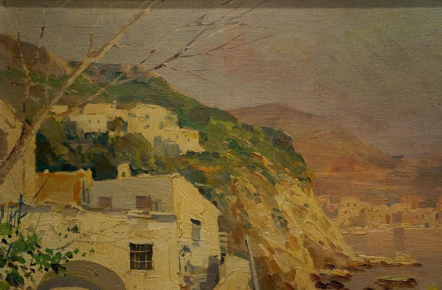 Oil painting of Greek coastal village by Fortini A, whitewashed homes in hills