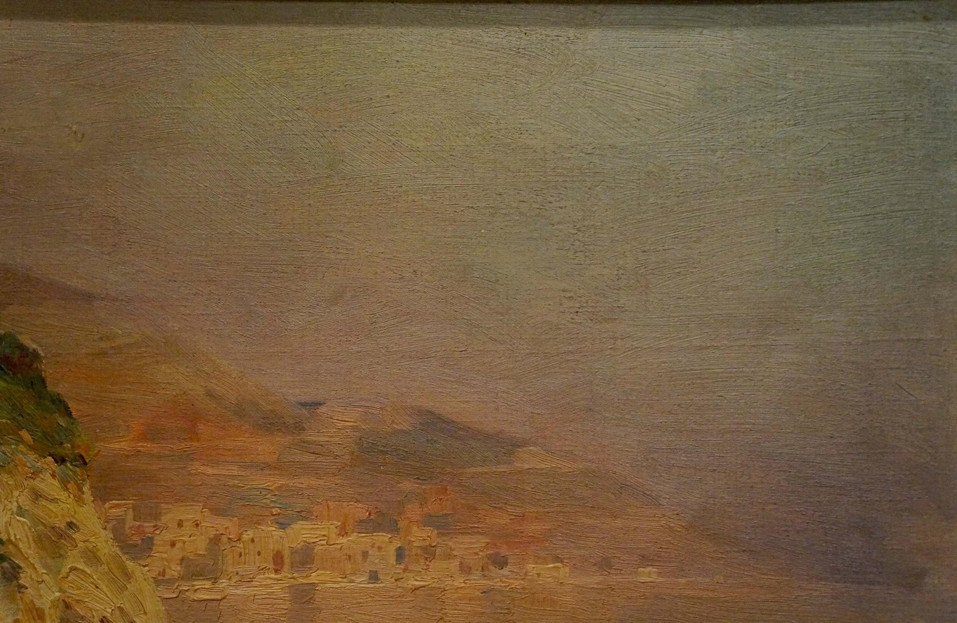 Oil painting of Greek coastal town by Fortini A nestled in warm hills