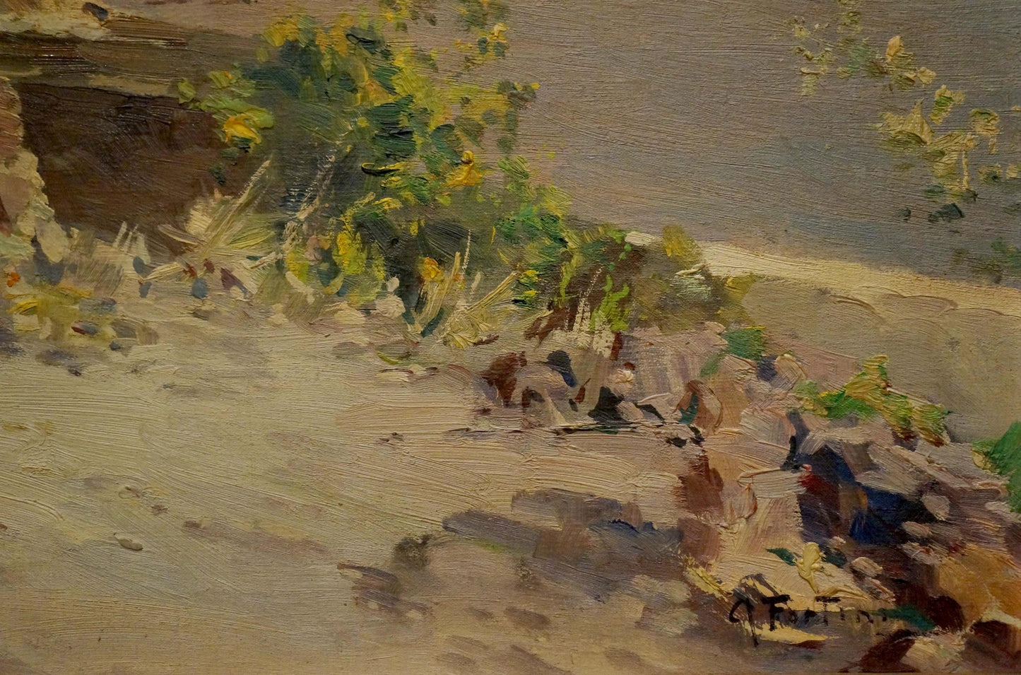 Oil painting landscape from Greece Fortini A coastal foliage scene