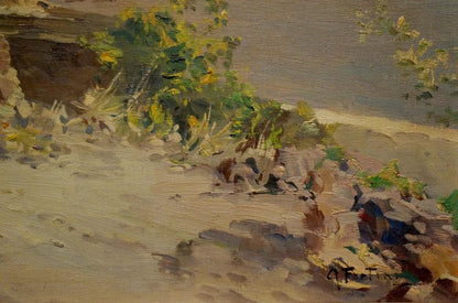 Oil painting landscape from Greece Fortini A coastal foliage scene