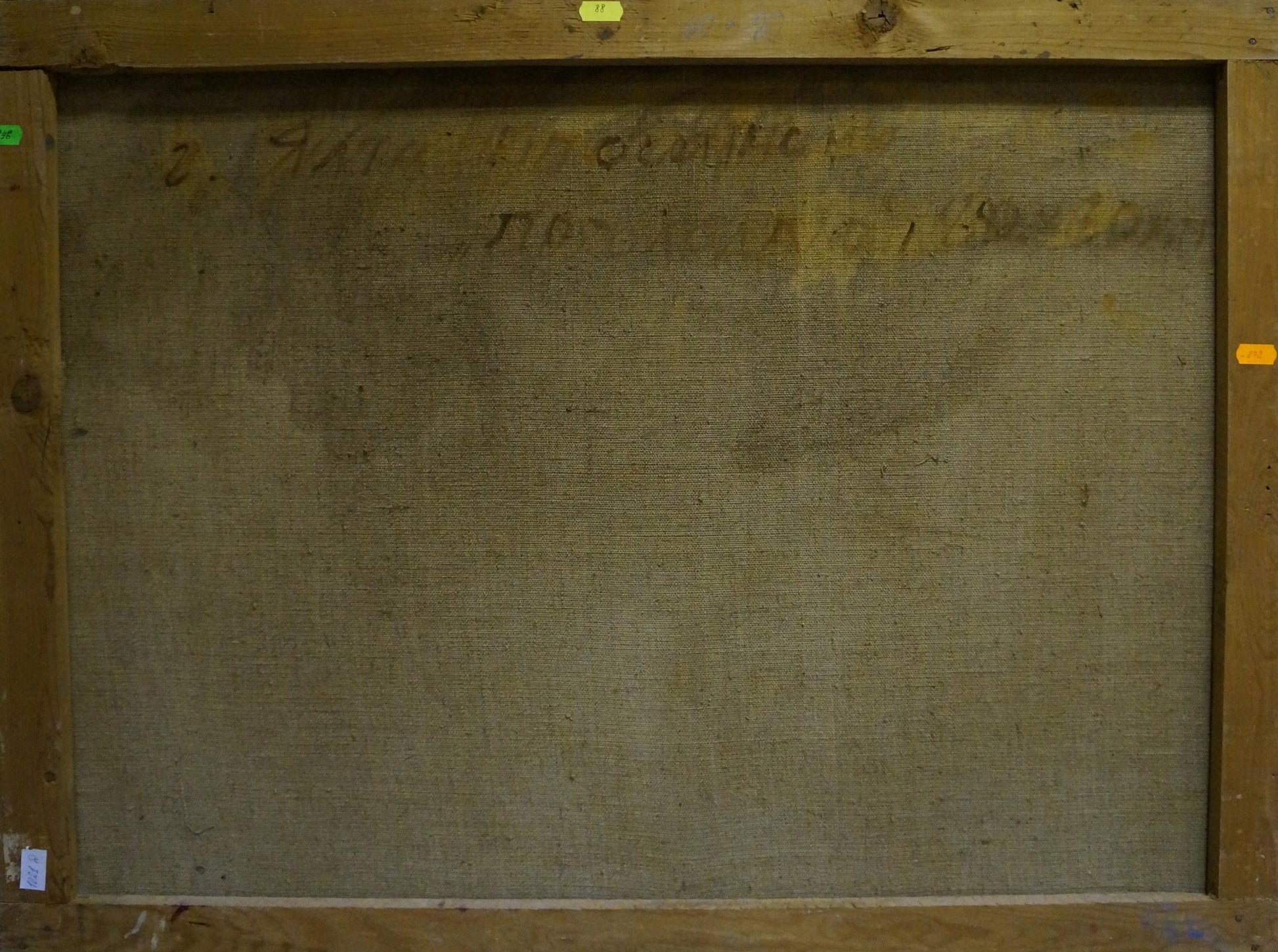 Back of framed Oil painting Raging sea by Puzyrkov Viktor Grigorievich with beige canvas and faded inscription