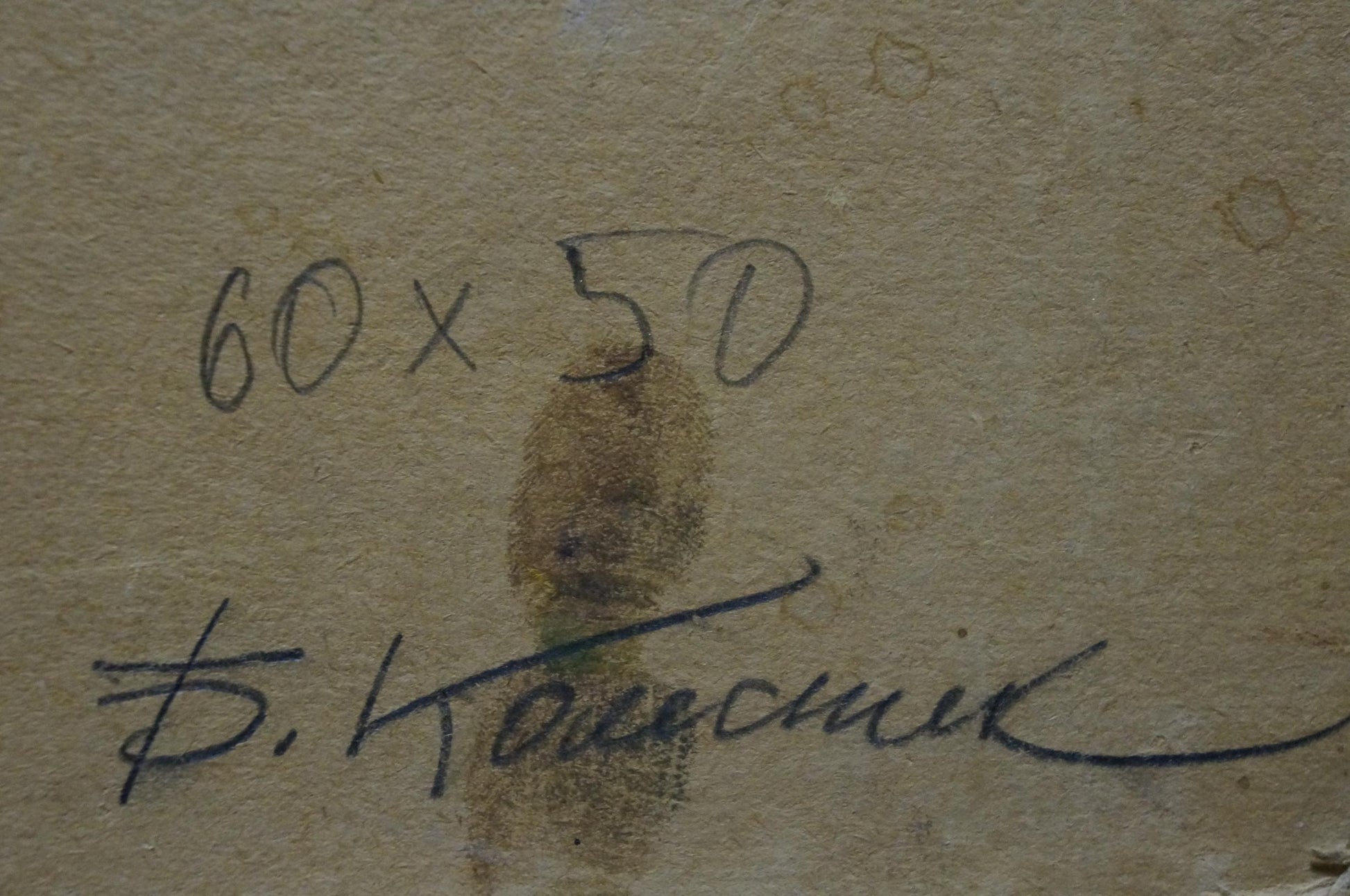 Back of Oil painting Autumn flowers by Kolesnik Boris Afanasevich: 60 x 50 handwritten dimensions and signature on beige paper
