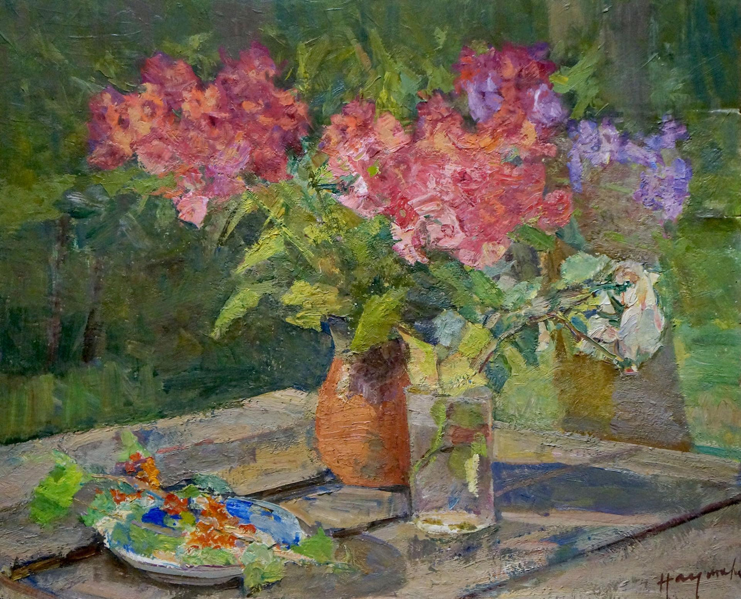 Oil painting of lush pink purple bouquet in terracotta vase by Naumova Tamara Sergeevna