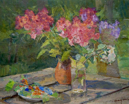 Oil painting of lush pink purple bouquet in terracotta vase by Naumova Tamara Sergeevna