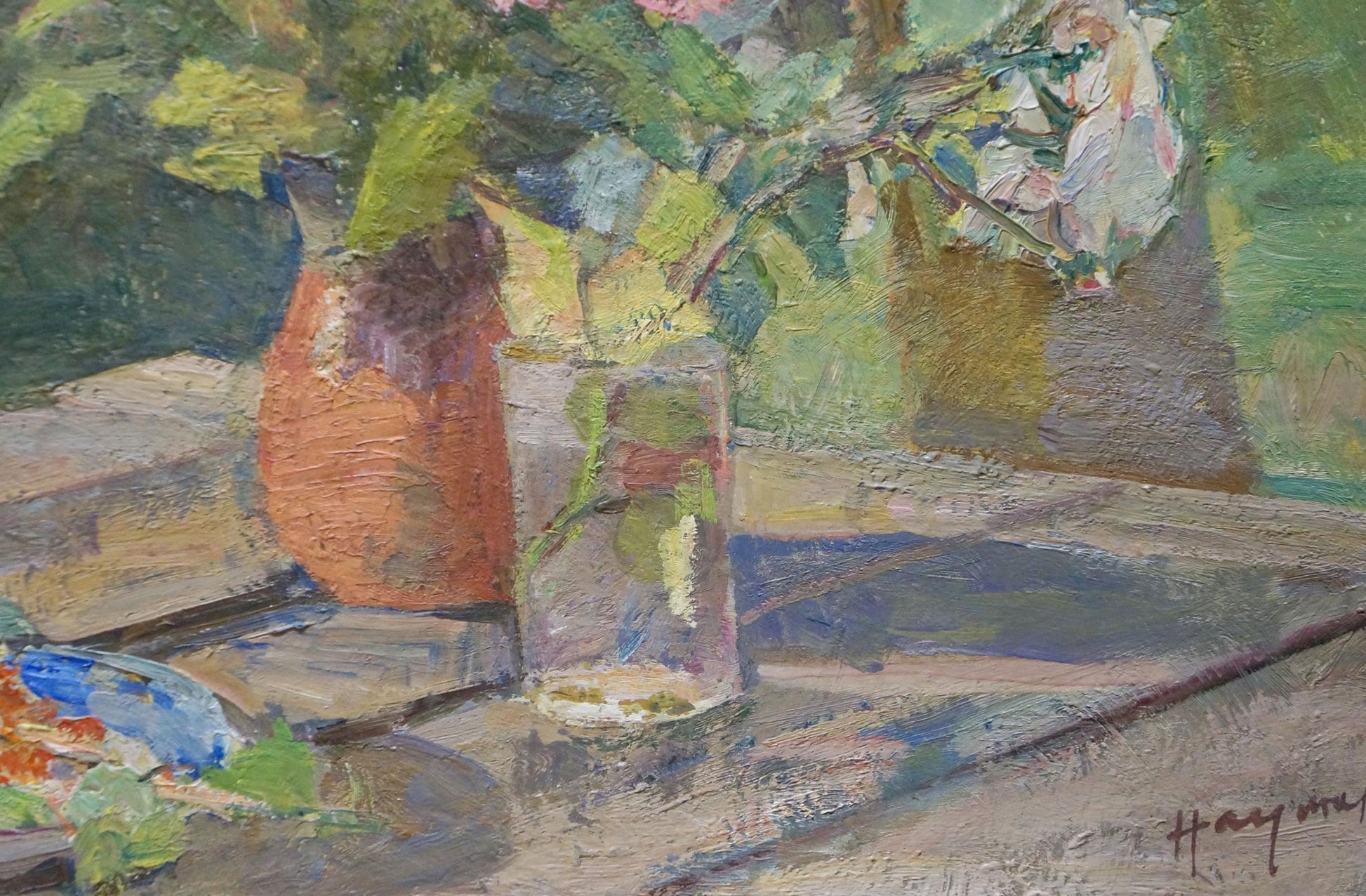Earth-toned ceramic pitcher beside glass vase with green foliage in Naumova Tamara Sergeevna oil painting