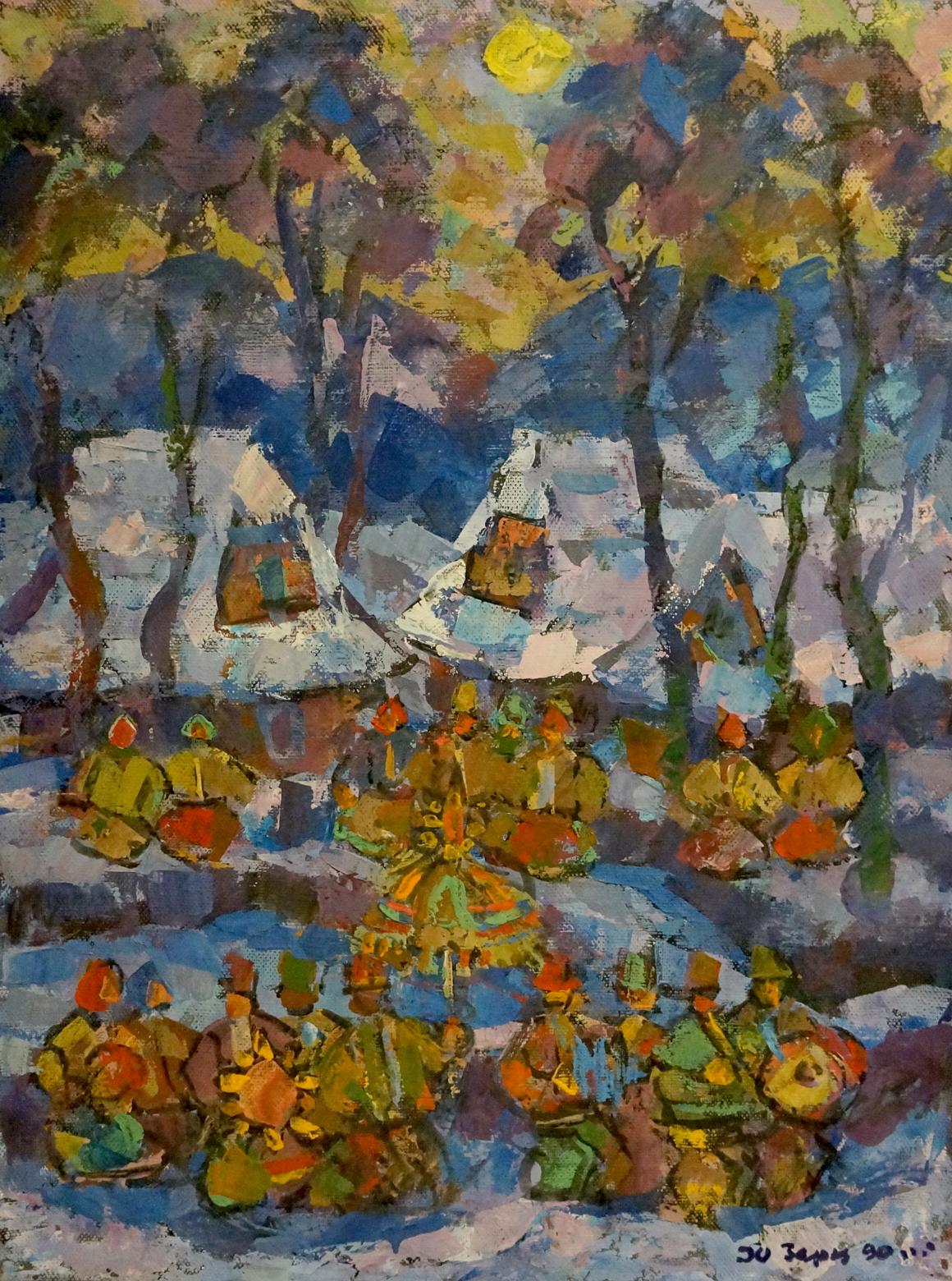 Vibrant impressionistic oil painting by Yuri Hertz of snowy village gathering