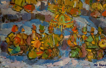Vibrant impressionist oil painting of village gatherings by Yuri Hertz