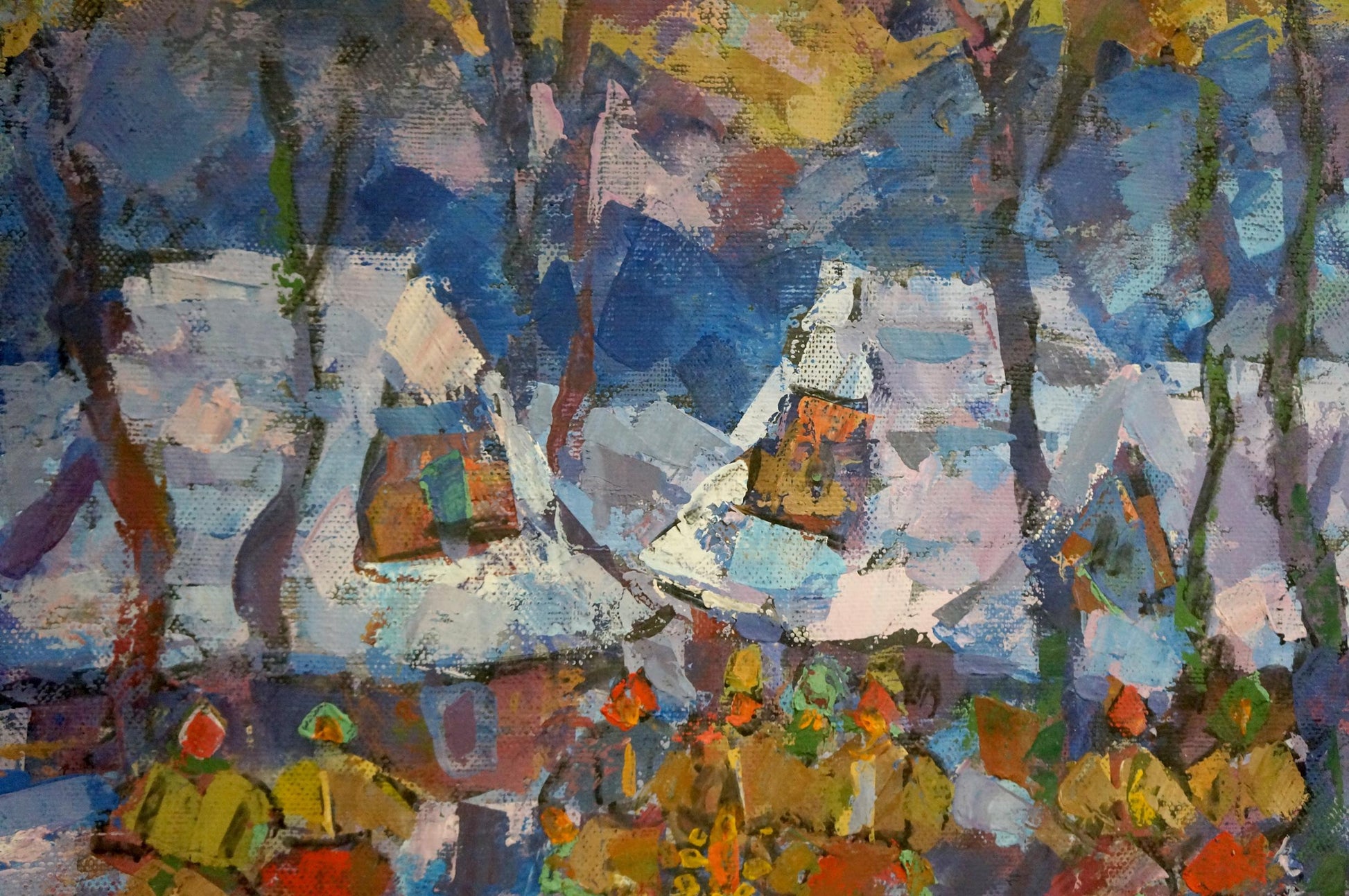 Abstract oil painting Village gatherings by Yuri Hertz in blues and purples