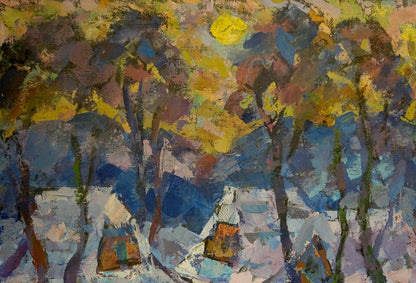 Oil painting Village gatherings Yuri Hertz abstract snowy trees landscape