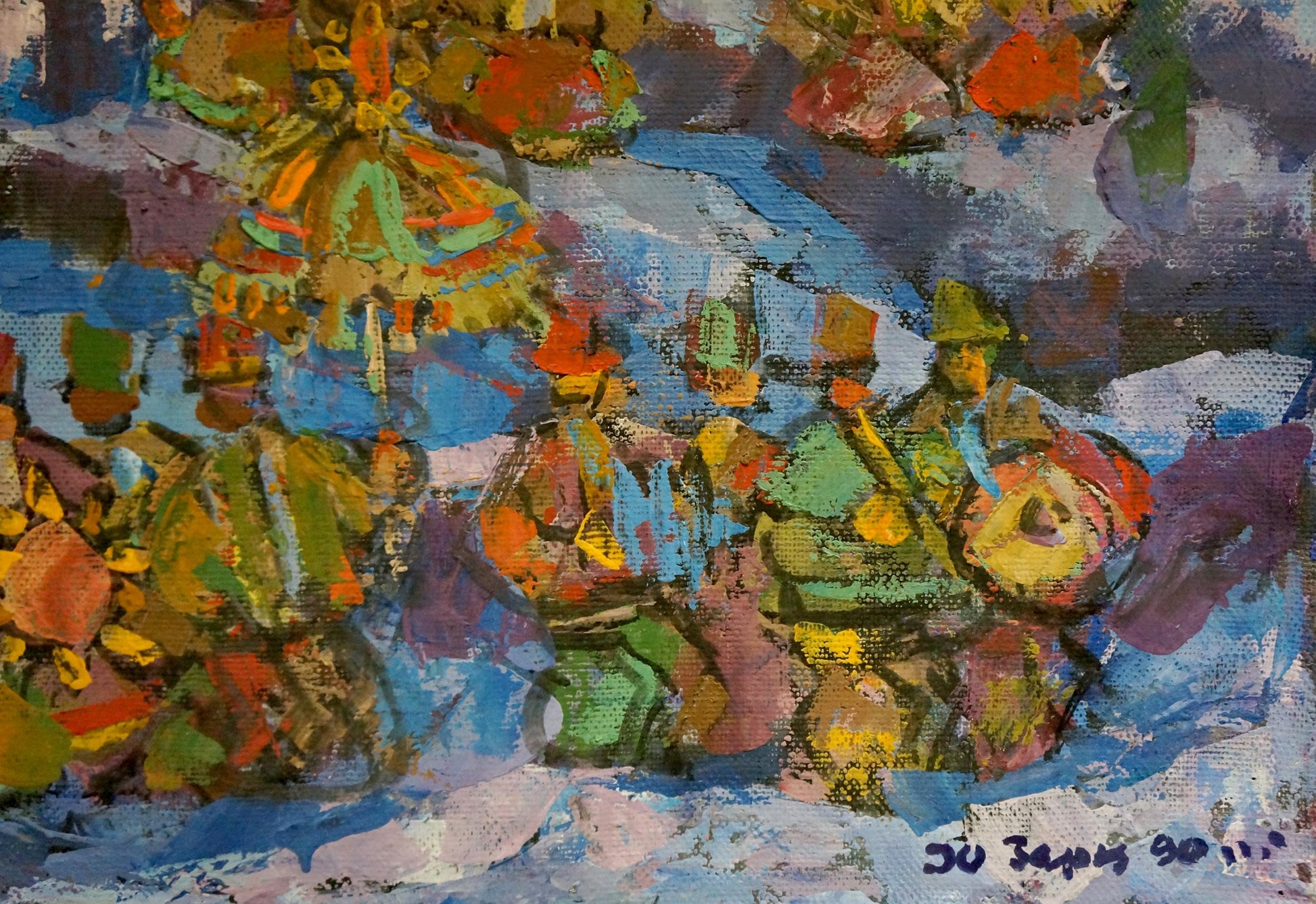Vibrant oil painting Village gatherings by Yuri Hertz with bold orange green blue strokes