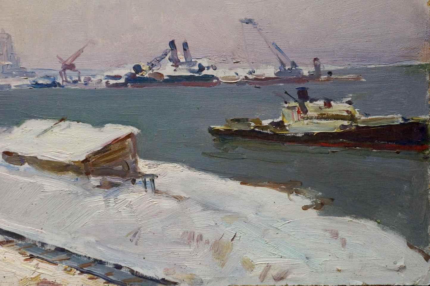 Oil painting by Petr Kuzmich Stolyarenko: snowy industrial port with tugboat