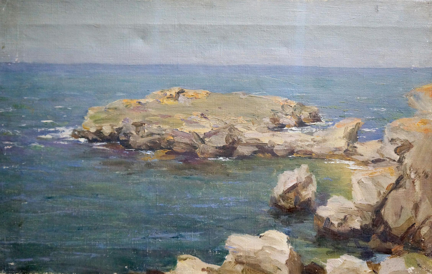 A textured oil painting depicting rugged, weathered rocks in shades of gray and ochre emerging from deep blue ocean waters under a soft, overcast sky.