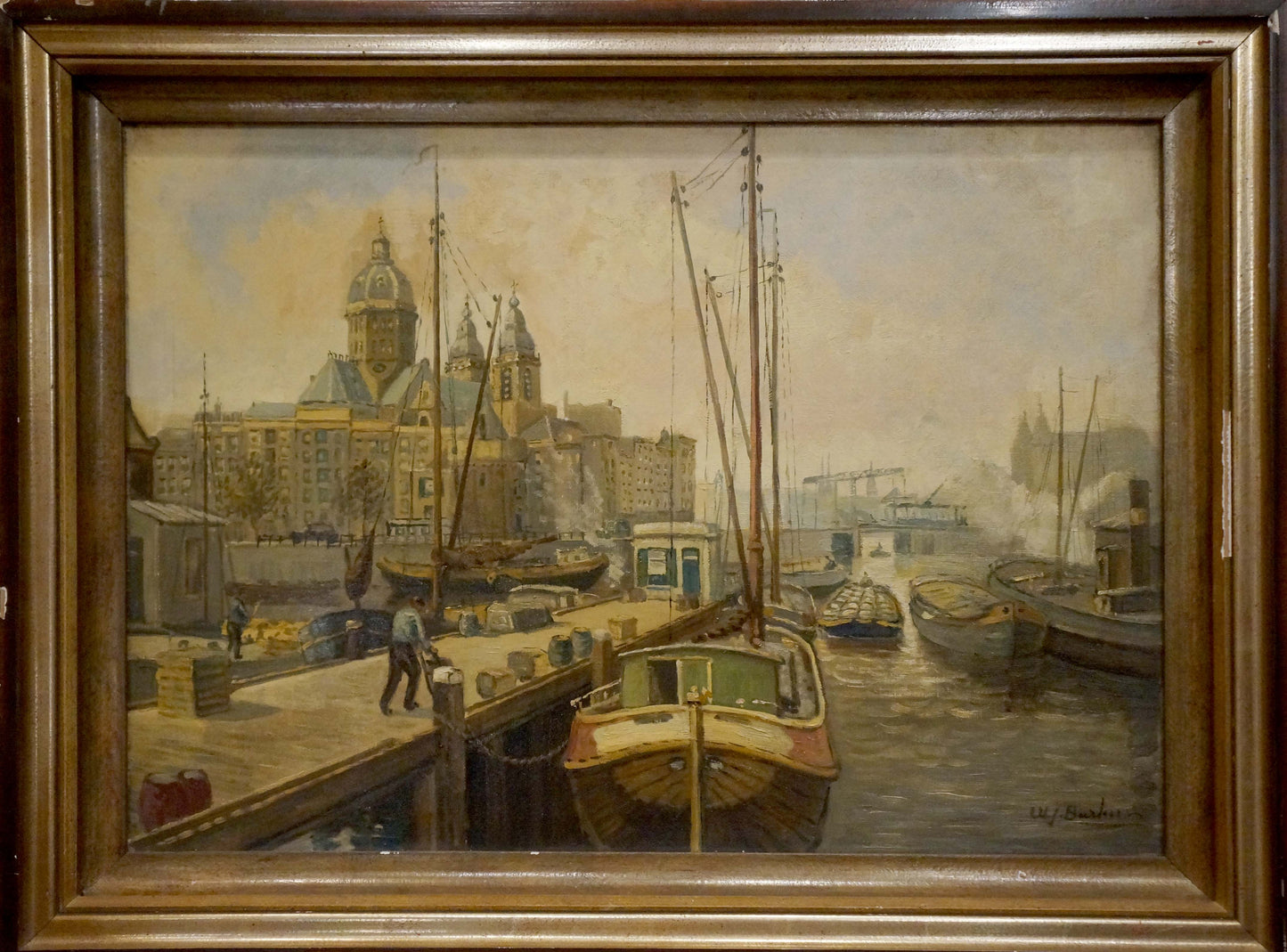 Framed Oil Painting City Life Landscape: Bustling Harbor Scene