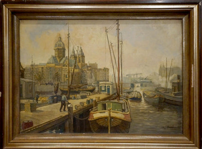 Framed Oil Painting City Life Landscape: Bustling Harbor Scene