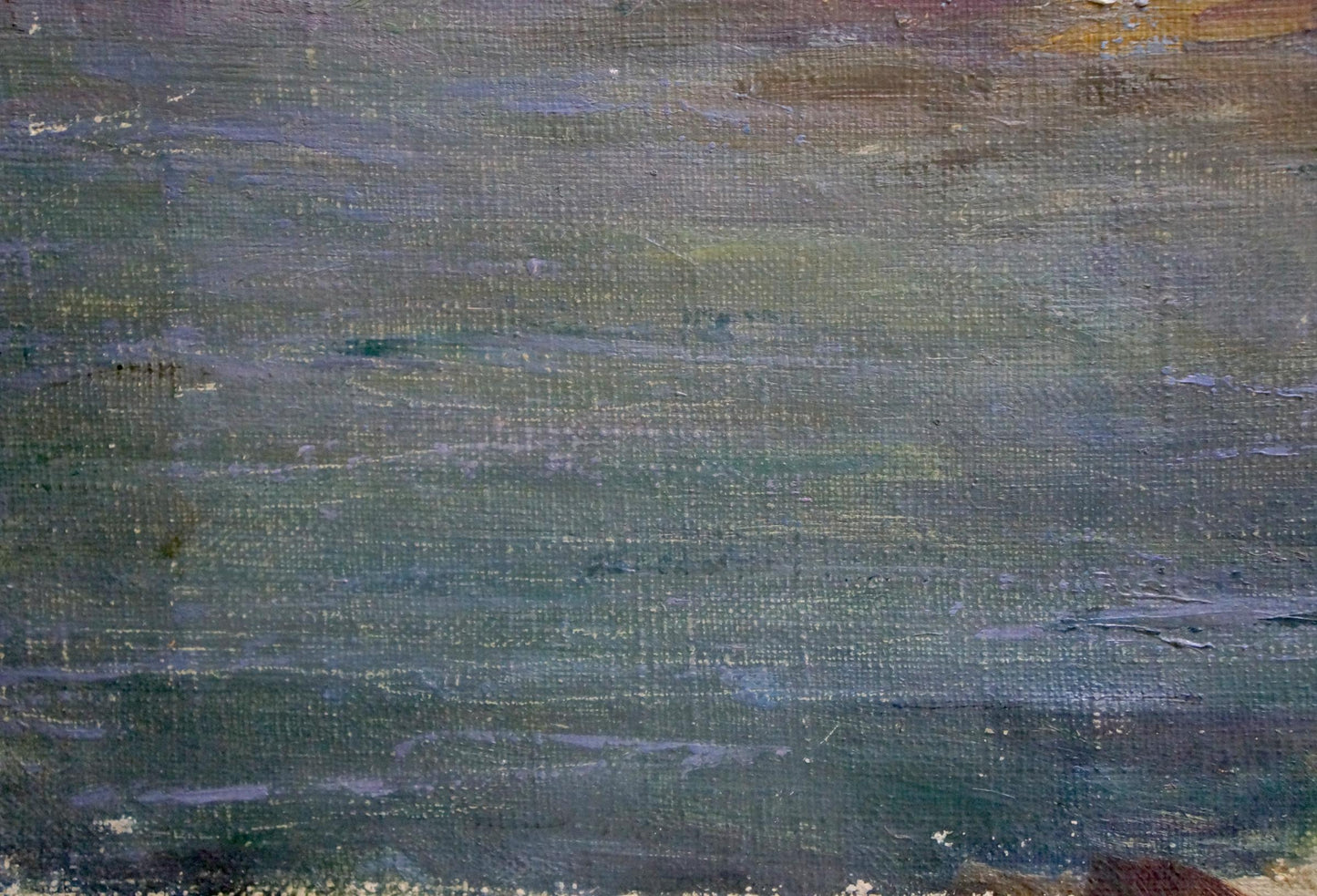 Oil painting Stones by the sea with textured green blue gray strokes