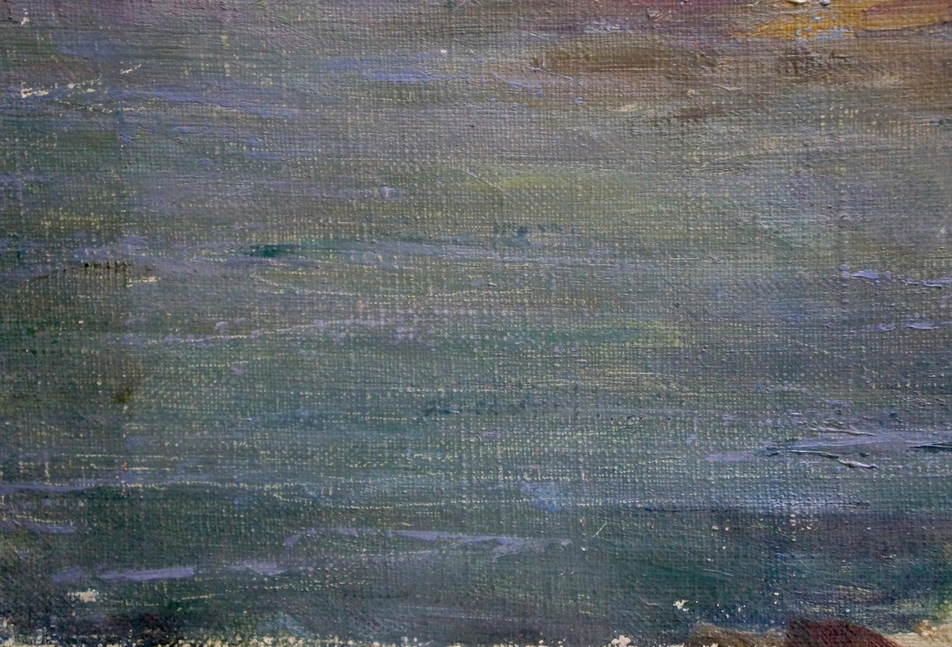 Oil painting Stones by the sea with textured green blue gray strokes