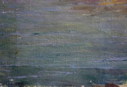 Oil painting Stones by the sea with textured green blue gray strokes