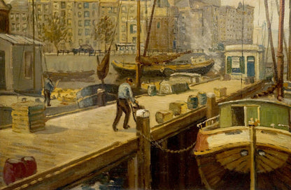 Vintage oil painting of bustling city harbor with boats and dock figures