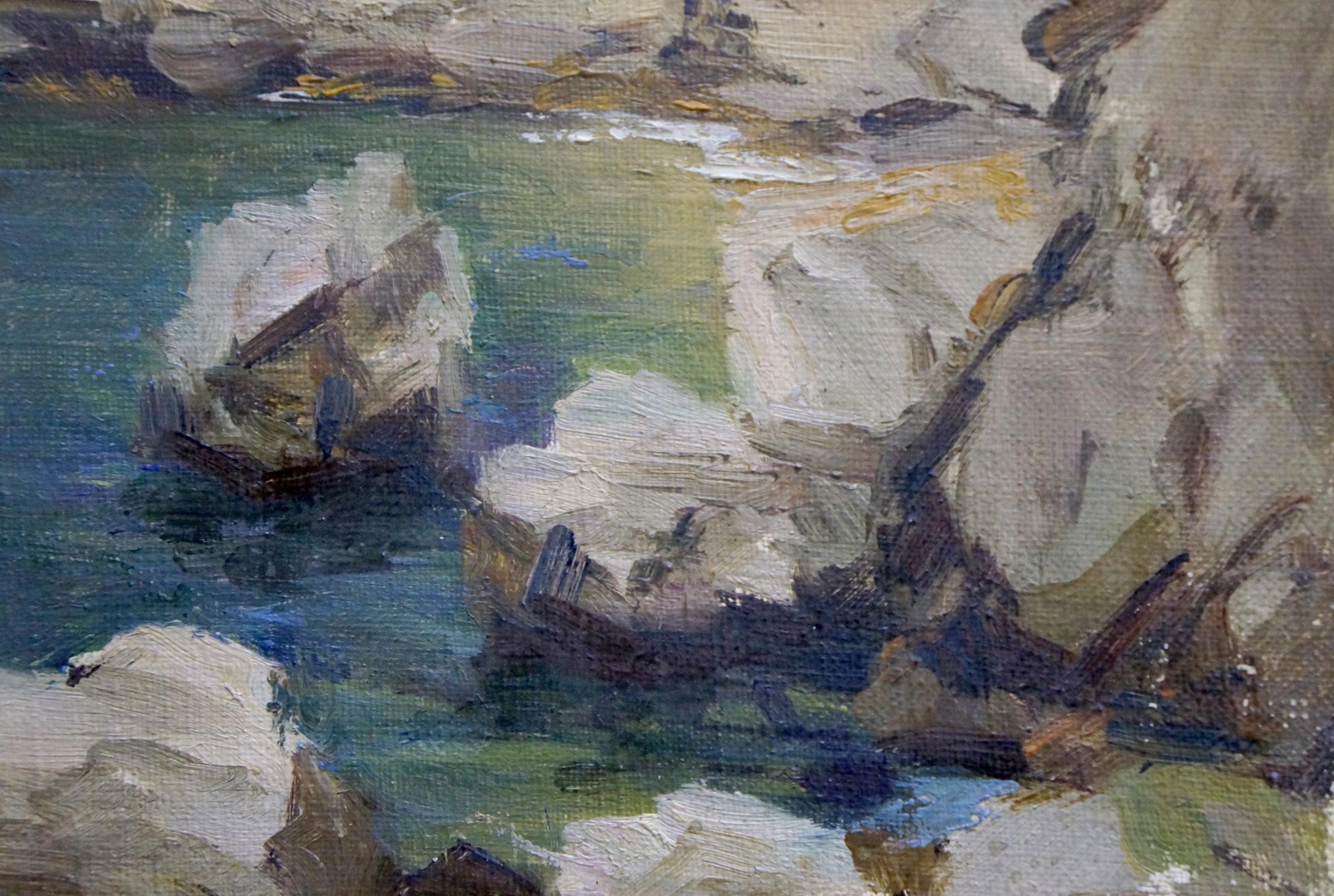 Oil painting Stones by the sea: rugged coastal rocks and turbulent green-blue water