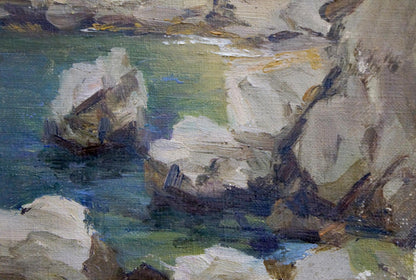 Oil painting Stones by the sea: rugged coastal rocks and turbulent green-blue water