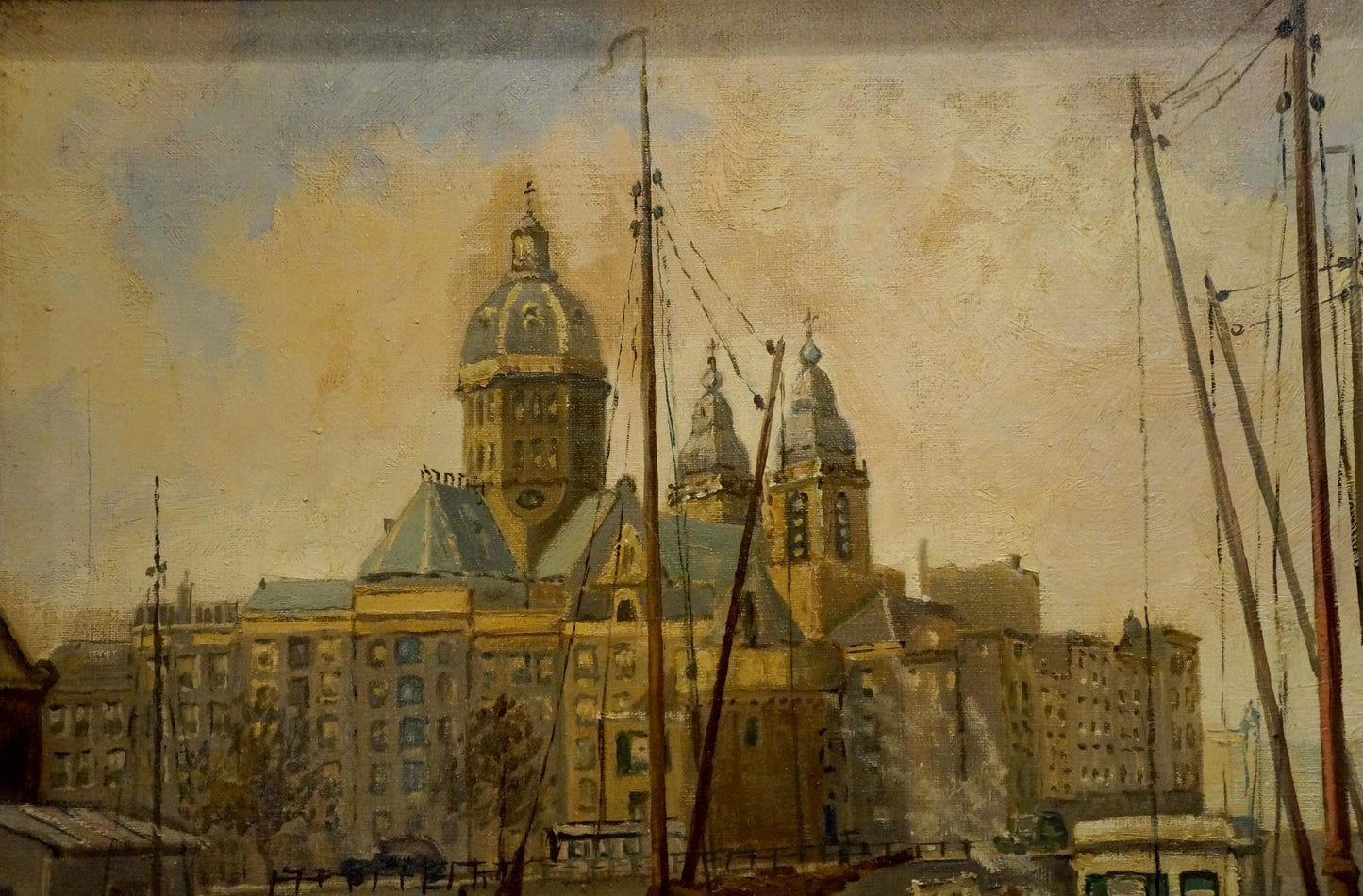 Oil painting of ornate cathedral with central dome in city landscape