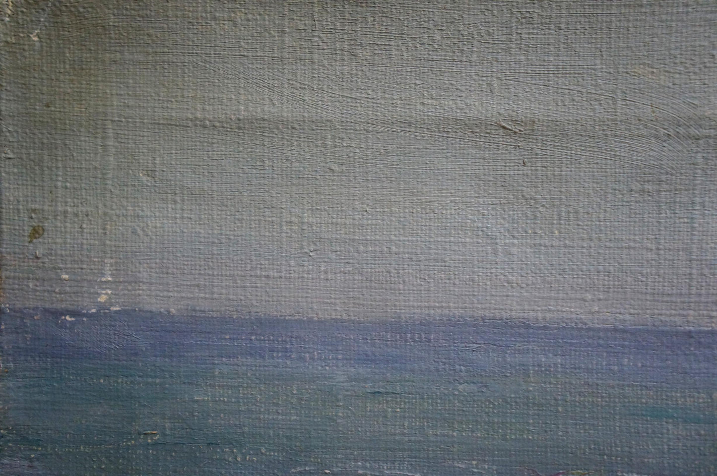 Oil painting Stones by the sea: serene gray to blue ocean horizon on textured canvas