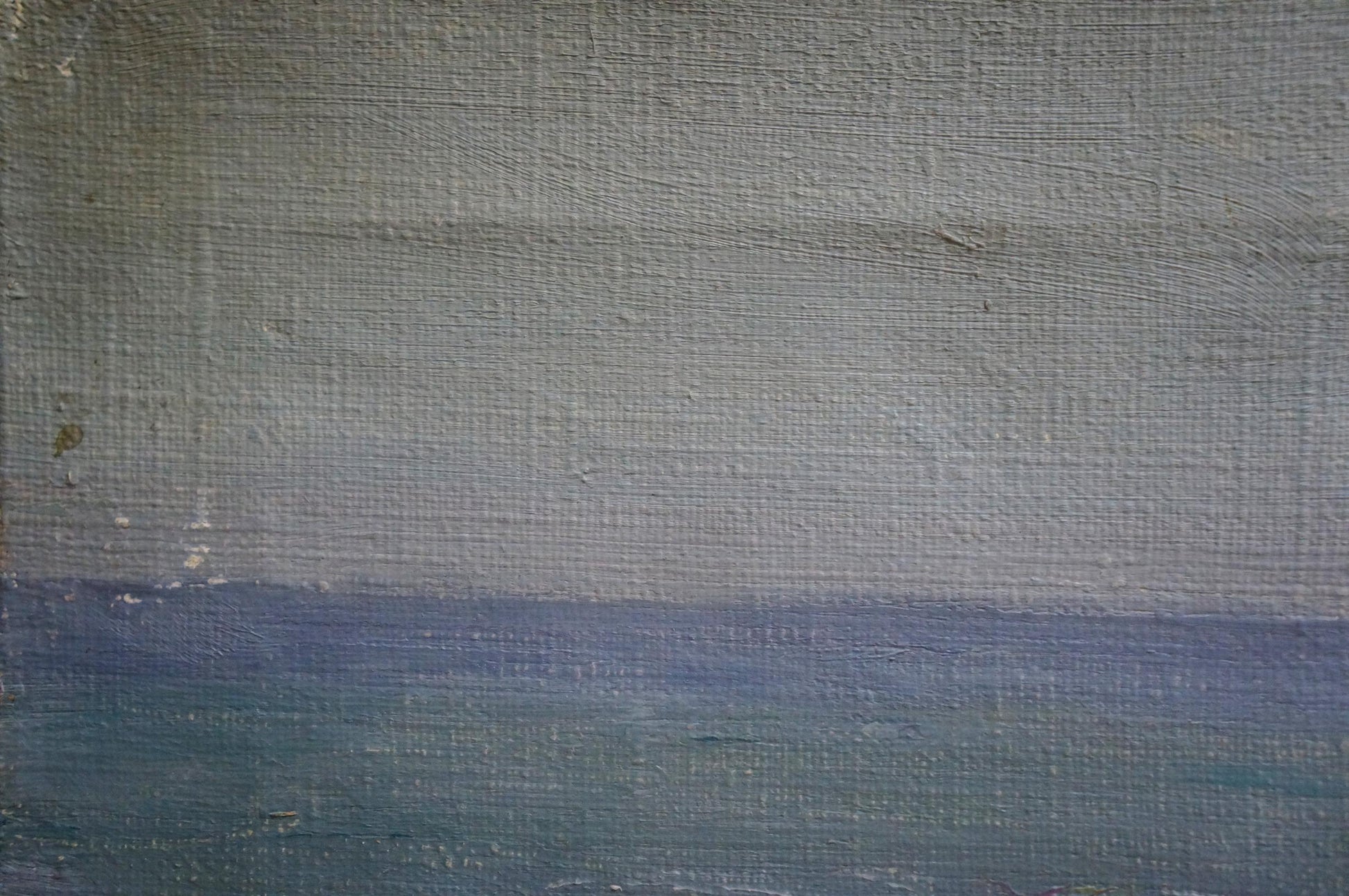 Oil painting Stones by the sea: serene gray to blue ocean horizon on textured canvas