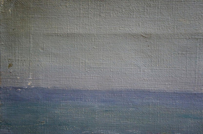 Oil painting Stones by the sea: serene gray to blue ocean horizon on textured canvas