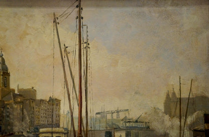 Impressionistic oil painting of hazy harbor with tall masts and city landscape