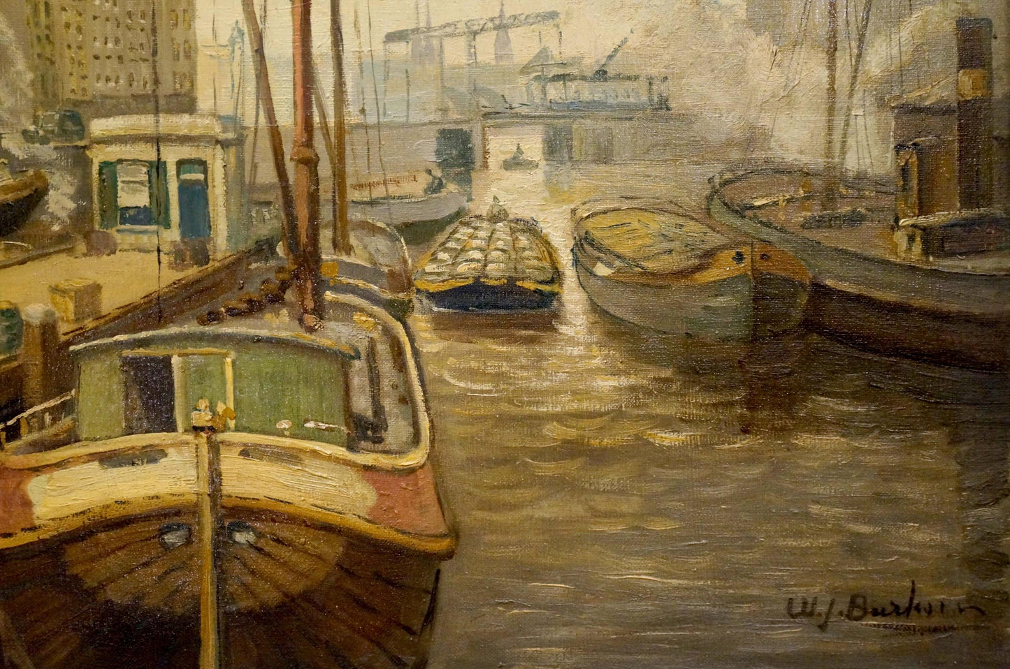 Muted oil painting of harbor boats and city life landscape