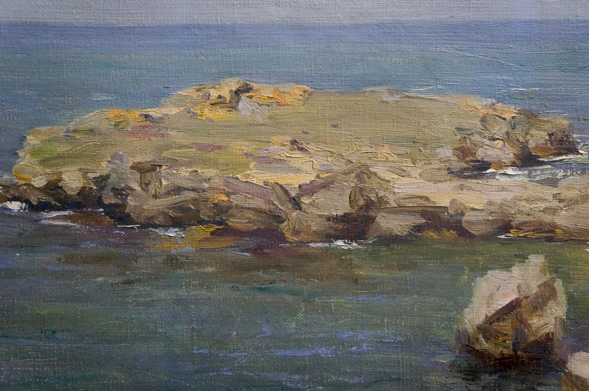 Oil painting Stones by the sea: textured rocky islet in calm blue-green water