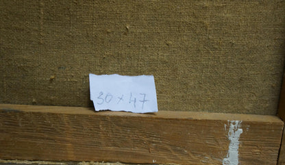 Back of Oil painting Stones by the sea: handwritten 30 x 47 inch note on torn paper